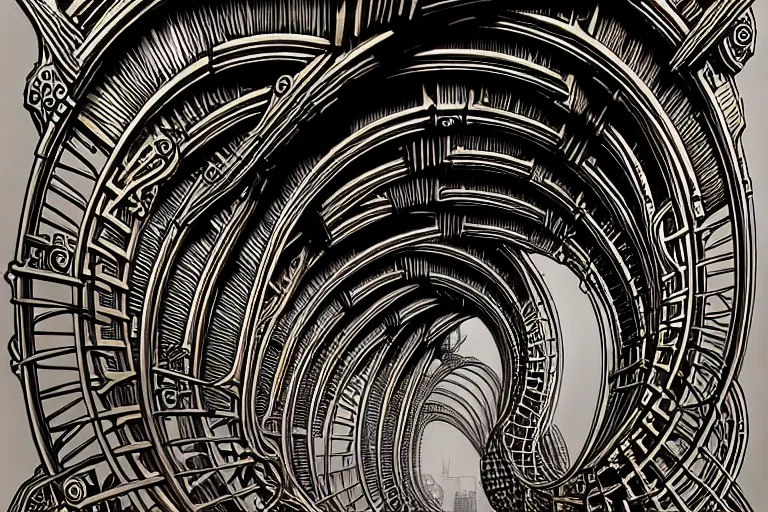 Prompt: a double helix dna cyberpunk steampunk carved archway, high details, lineart, by vincent di fate and joe fenton, inking, screen print, masterpiece, trending on artstation, sharp, high contrast, hyper - detailed, ultrawide, hd, 4 k, 8 k