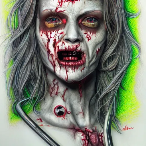 Prompt: Colored pencil art on paper, Zombie Nurse, highly detailed, artstation, MasterPiece, Award-Winning, Caran d'Ache Luminance