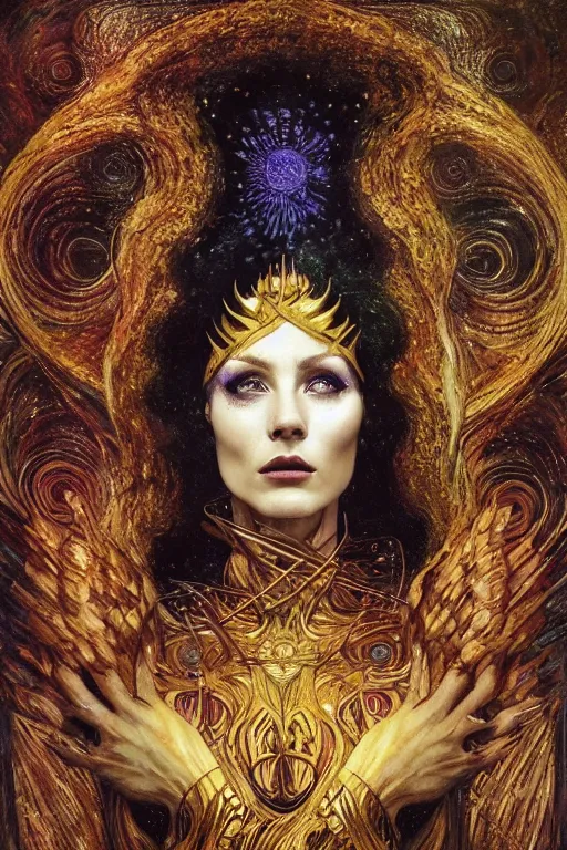 Image similar to Intermittent Chance of Chaos Muse by Karol Bak, Jean Deville, Gustav Klimt, and Vincent Van Gogh, Rebirth, Loki's Pet Project, Poe's Angel, Surreality, inspiration, imagination, sacred muse, otherworldly, fractal structures, arcane, ornate gilded medieval icon, third eye, spirals