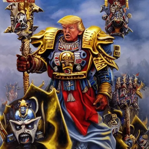 Prompt: donald trump as the god emperor of mankind, warhammer 4 0 k universe, immense detail, by john blanche