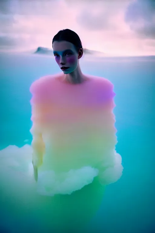 Image similar to high quality pastel coloured film close up wide angle photograph of a model wearing clothing swimming on cloud furniture in a icelandic black rock!! environment in a partially haze filled dreamstate world. three point light, rainbow. photographic production. art directed. pastel colours. volumetric clouds. pastel gradient overlay. waves glitch artefacts. extreme facial clarity. 8 k. filmic.