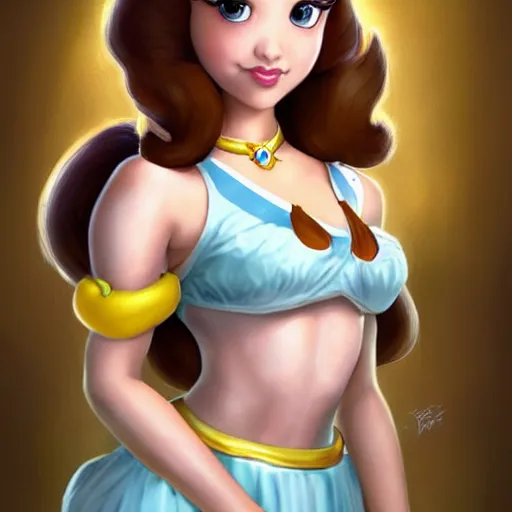 Image similar to cute princess daisy from super mario as realistic brunette human character art portrait, matte fantasy painting, deviantart artstation, by jason felix by steve argyle by tyler jacobson by peter mohrbacher, cinema c 9. 0