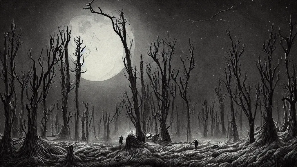 Prompt: detailed stylized horror illustration of the unknown place with the dead pines, under a pale dead moon, folk horror, dramatic dark eerie lighting, horrific surreal nightmare, 8k resolution artwork, horror art, eerie, creepy, trending on artstation, painting, elaborate excellent painted illustration, smooth, sharp focus