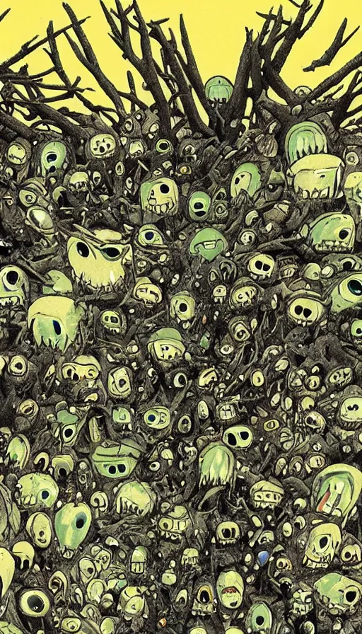 Prompt: a storm vortex made of many demonic eyes and teeth over a forest, by hideaki anno