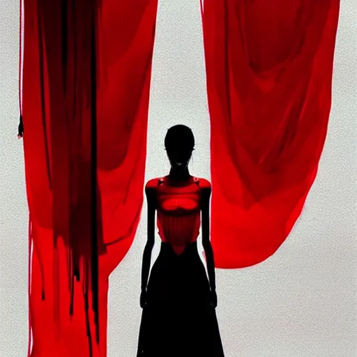 Prompt: dancing strings puppet surrounded by red curtains by Conrad Roset and Nicola Samuri, rule of thirds, seductive look, beautiful, intricate, dystopian, sci-fi, extremely detailed, digital painting, artstation, concept art, smooth, sharp focus, illustration, intimidating lighting, incredible art, details visible, very dark ambiance