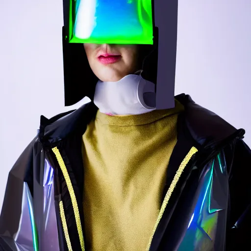 Image similar to an ultra high definition professional studio quality photograph of an artificially intelligent cyberpunk art influencer wearing a transparent iridescent pastel coloured face visor and matching bubbly puffy raincoat on white coat hook in a sheer icelandic black rock environment. dramatic lighting. volumetric shadows. light rays