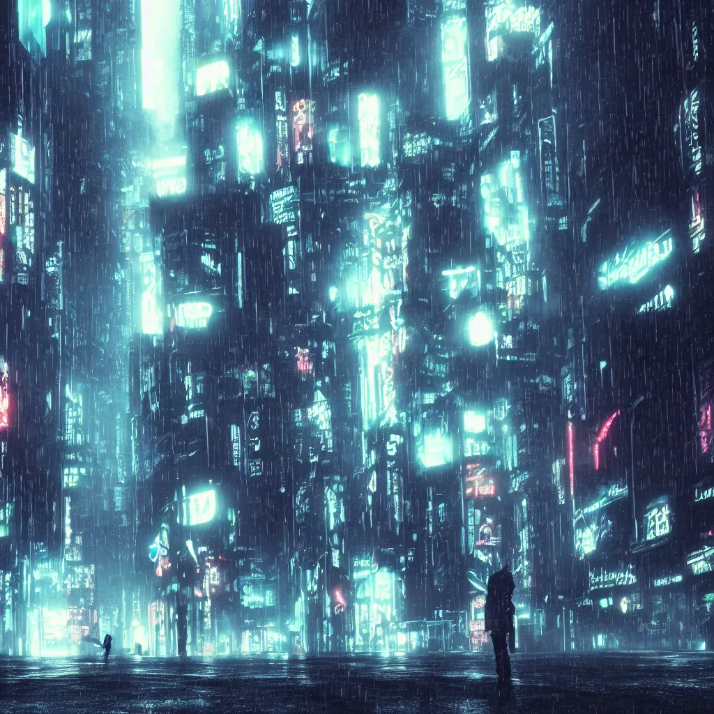 Image similar to dark city street in the rain, black cat standing in street, neon lights, cyberpunk, year 2 0 9 9, blade runner, octane render, 4 k