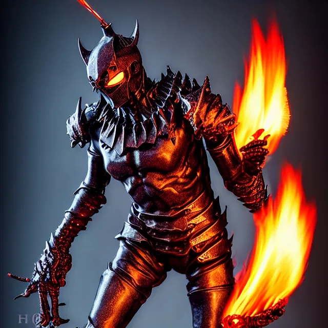 Image similar to hell knight with fire powers, highly detailed, 4 k, hdr, smooth, sharp focus, high resolution, award - winning photo, clayton crain, photorealistic