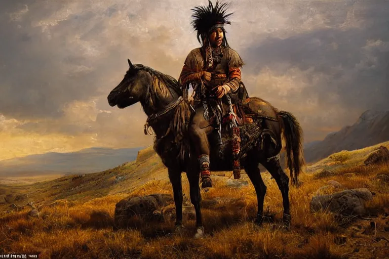 Image similar to a full length extremely detailed masterpiece painting of one rugged warrior american native ute with a feather in his head - ban sitting on his painted war horse surveying a rugged utah mountains, in the style of charles marion russell, insanely detailed, extremely moody lighting, glowing light and shadow, atmospheric