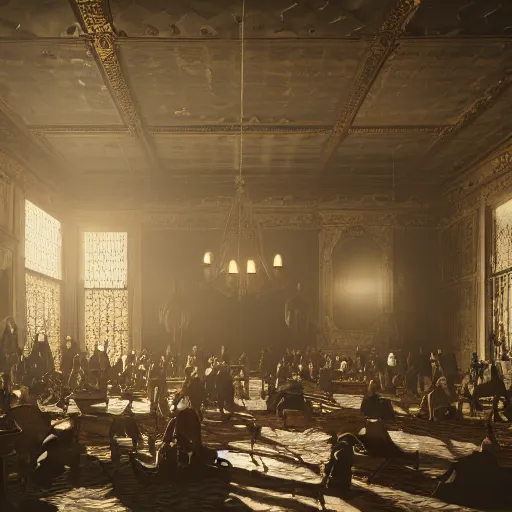 Image similar to A room full of people, vampires, high ceiling, victorian, soft light, ominous, photorealistic, detailed, 8k