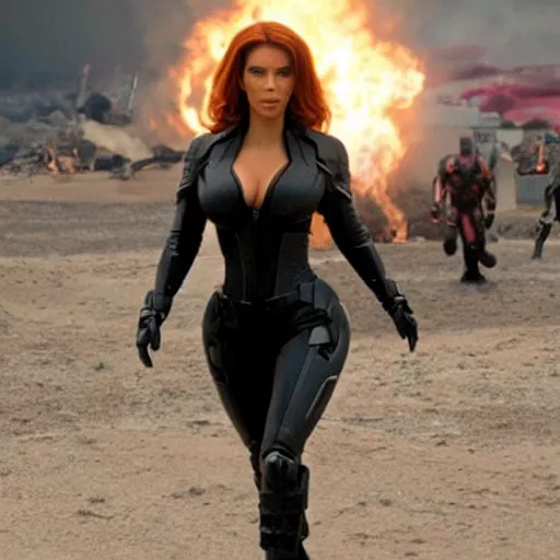 Prompt: A still of Kim Kardashian as Black Widow in Iron Man 2 (2010), slightly zoomed-in