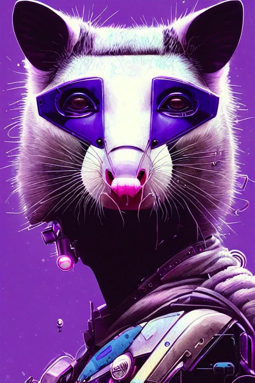 Image similar to a beautiful portrait of a cute cyberpunk opossum by sandra chevrier and greg rutkowski and wlop, purple blue color scheme, high key lighting, volumetric light, digital art, highly detailed, fine detail, intricate, ornate, complex, octane render, unreal engine, photorealistic