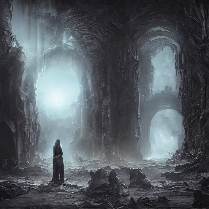 Image similar to gazing through the ominous dark etherial archway to the pitch black void, dark midnight, quiet and serene atmosphere, cg society contest winner, intricate high detail matte painting masterpiece