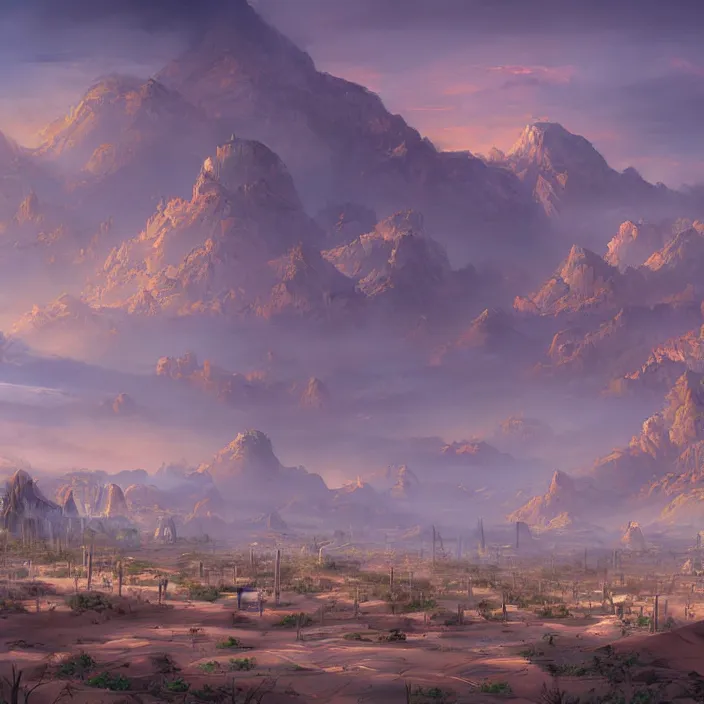 Image similar to large densely packed western style city in the middle of a sandy flat desert with a single mountain on the very distant horizon. magic the gathering art, digital media