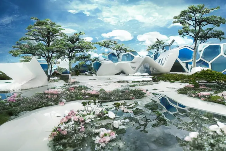 Image similar to futuristic luxurios chic Japanese house with Singaporean lush sakura trees, white and royal blue theme, sakura season, advanced, expensive architecture, elegant, at Salar De Uyuni with Hexagonal formations on the surface of salt crystallization, sandwiched between sedimentary deposits, bubbling geysers, marvellous reflection of the sky, digital painting, concept art, smooth, sharp focus, from Star Trek 2021, illustration, by WLOP and Ruan Jia and Mandy Jurgens and William-Adolphe Bouguereau, Artgerm