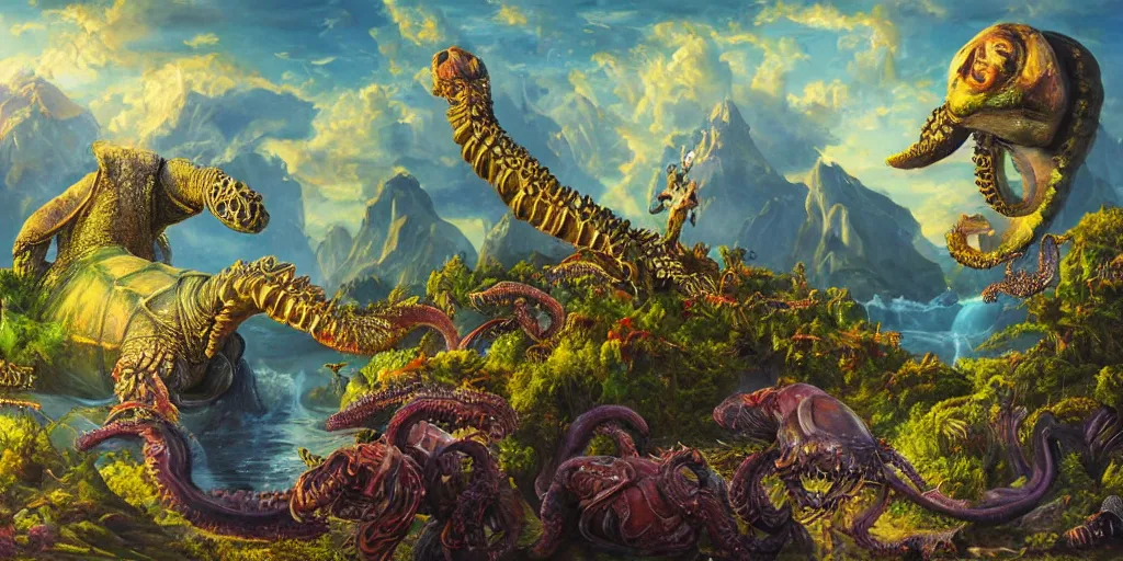 Image similar to fantasy oil painting, great leviathan, cybernetic turtle cephalopod terrapin reptilian pachyderm squid, bella hadid, hybrid, milla jovovich, anubis, epic natural light, lush plants flowers, spectacular mountains, bright clouds, luminous sky, outer worlds, golden hour, michael cheval, edward hopper, michael whelan, vray, hd