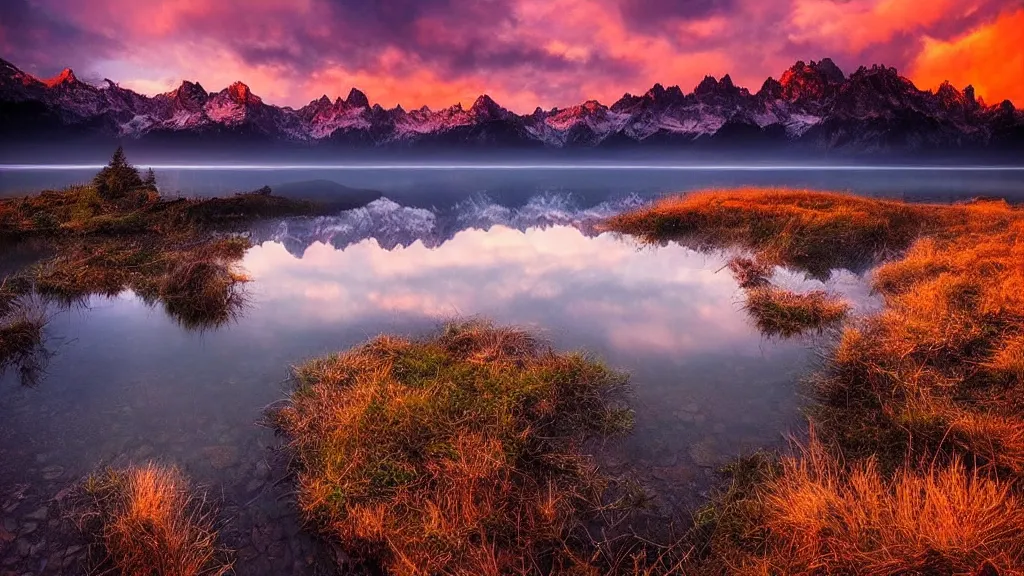 Image similar to amazing landscape photo of mountains with lake in sunset by marc adamus, beautiful dramatic lighting