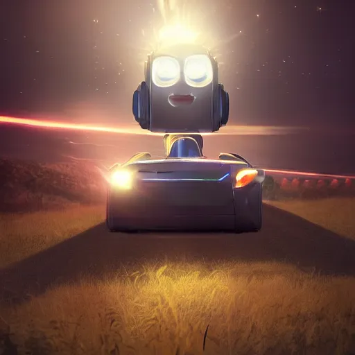 Prompt: Giant half robotic head of David Copperfield, dark hair, heavy eyebrows, on the top of a robotic car with wheels running on a californian highway, rays of light, particles light, kuvshinov ilya, unreal engine