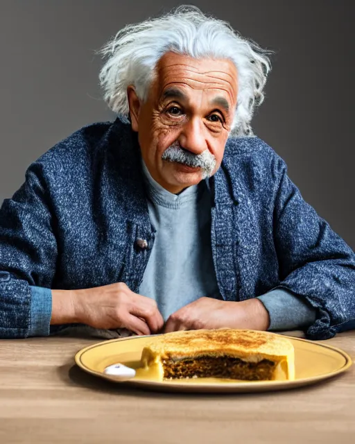 Image similar to a portrait of albert einstein sitting at the dining table with a plate containing caramel custard in front of him, highly detailed, trending on artstation, bokeh, 9 0 mm, f / 1. 4