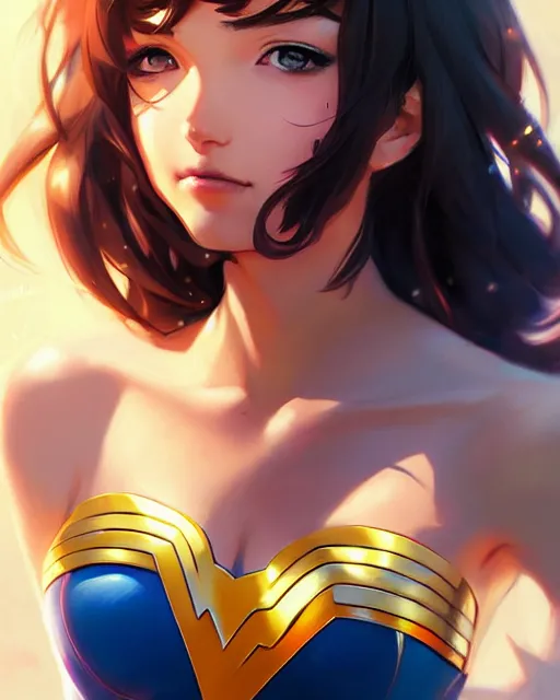 Image similar to portrait Anime as Wonderwoman girl cute-fine-face, pretty face, realistic shaded Perfect face, fine details. Anime. realistic shaded lighting by Ilya Kuvshinov Giuseppe Dangelico Pino and Michael Garmash and Rob Rey