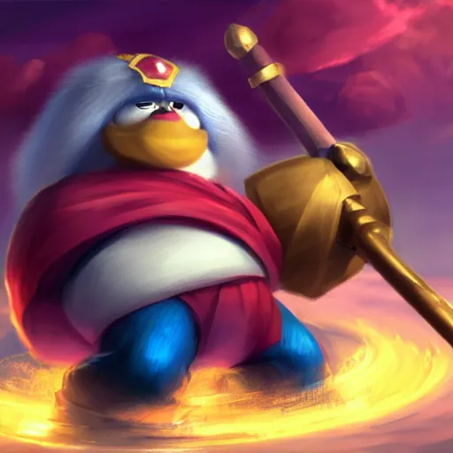 Image similar to king dedede holding his hammer fighting kirby. league of legends character art. digital illustration. hyper realistic. high quality. high resolution. 4 k. dynamic lighting. highly detailed. trending on artstation. ruan jia, wlop. scifi, fantasy, magic the gathering, hyper detailed, octane render, concept art, peter mohrbacher, artgerm.