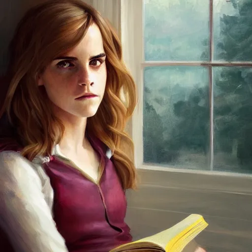 Prompt: portrait of Emma Watson as Hermione Granger sitting next to a window reading a book, focused expression, golden hour, concept art, art by Kenne Gregoire, trending on artstation