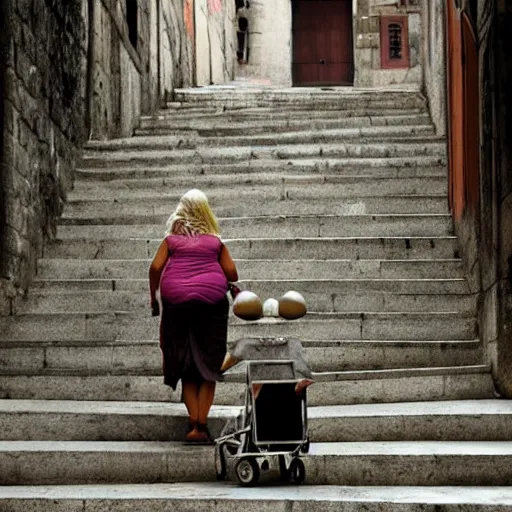 Image similar to a blonde woman with a fat Indian woman holding a rollator on steps in Porto, greg rutkowski