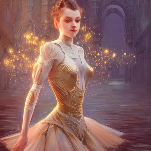 Image similar to hyperdetailed robotic ballerina with blue human eyes, human eyes, symetry, golden ratio, intricate, detailed, volumetric lighting, scenery, digital painting, highly detailed, artstation, sharp focus, illustration, artstation, art by artgerm and greg rutkowski and alphonse mucha