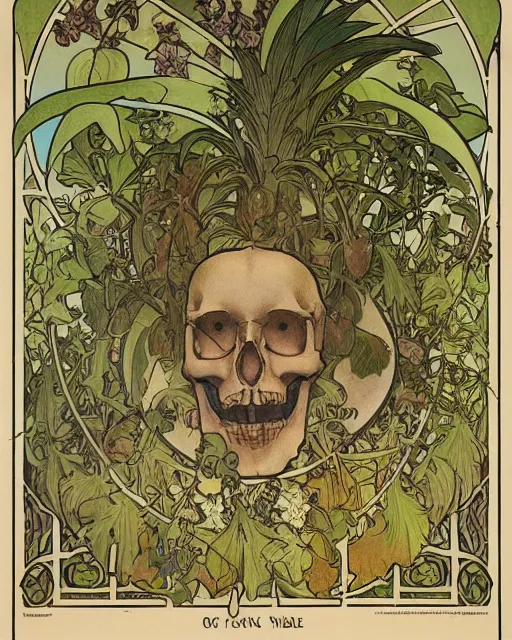 Image similar to Poster of an ancient silve skull with pineapple leaves growing out of the top art surrounded by varities of vines and flowers, cell shading, by Alphonse Mucha, Moebius, hiroshi yoshida, Art Nouveau, colorful, ultradetailed, vivid colour, 3d