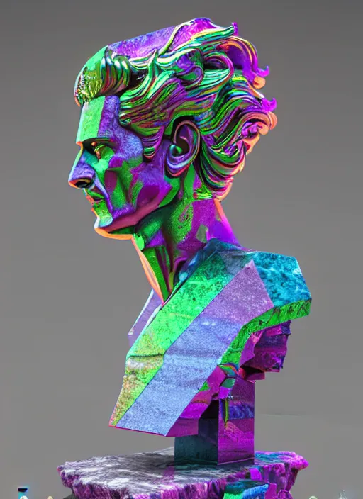 Prompt: stylized rainbow bismuth ornate statue full body made of marble of caesar, perfect symmetrical body, perfect symmetrical face, hyper realistic, hyper detailed, by johannen voss, by michelangelo, octane render, blender, 8 k, displayed in pure white studio room