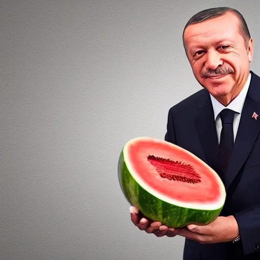 Image similar to recep tayyip erdogan smiling holding watermelon, studio photograph, hd, studio