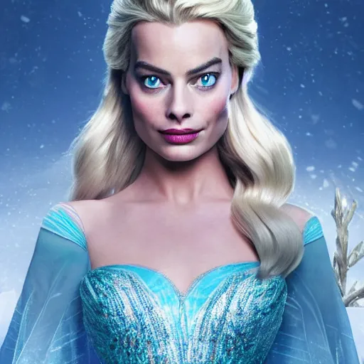 Image similar to Margot Robbie as Elsa in disney frozen live action, 8k full HD photo, cinematic lighting, anatomically correct, oscar award winning, action filled, correct eye placement,