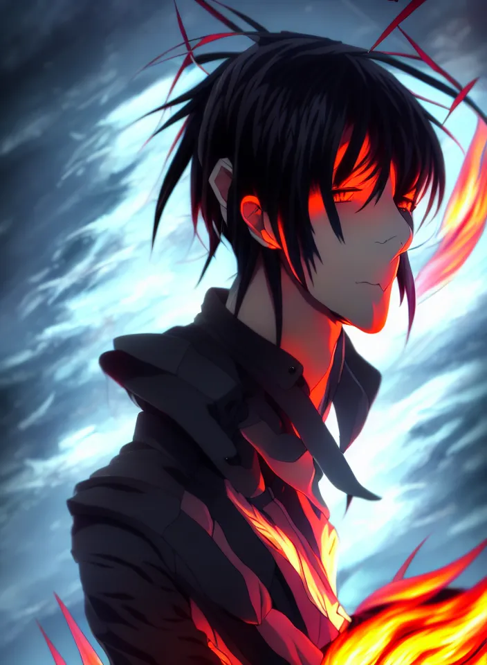 Image similar to a detailed anime character full body portrait of a dark haired cyborg handsome anime man surrounded by clouds of dark smoke and fire, trending on artstation, digital art, 4 k resolution, detailed, high quality, sharp focus, hq artwork, insane detail, concept art, character concept, character illustration, full body illustration, perfect anatomy, cinematic, volumetric lighting