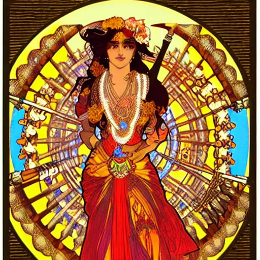 Image similar to hindu goddess of firespinning, by alphonse mucha, burning man, fire poi, fire staff, tesseract, intricate