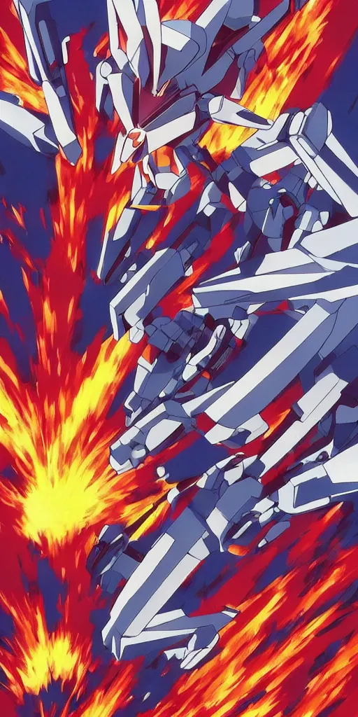 Image similar to epic action scene with fire and explosions remake pixel inspired by Neon Genesis Evangelion (1997s), with Mecha, Destroyed City, explosion, 新世紀エヴァンゲリオン 劇場版 DEATH & REBIRTH シト新生, Moebius, Greg Rutkowski, Zabrocki, Karlkka, Jayison Devadas, Phuoc Quan, Sadamoto Yoshiyuki, trending on Artstation, 8K, ultra wide angle, zenith view, cyberpunk pincushion lens effect