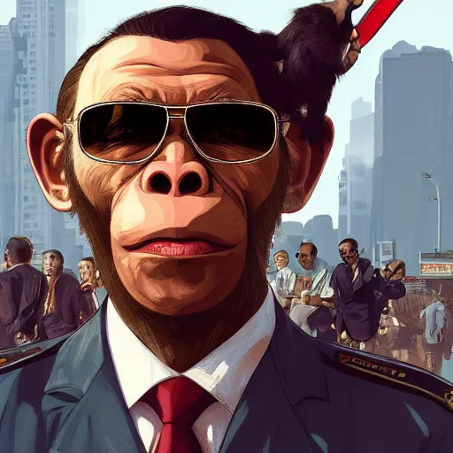 Image similar to [Monkey as president of Banana as GTA character, propaganda!, closeup, D&D, intricate, elegant, highly detailed, digital painting, artstation, concept art, matte, sharp focus, illustration, art by Artgerm and Greg Rutkowski and Alphonse Mucha and Enki Bilal]