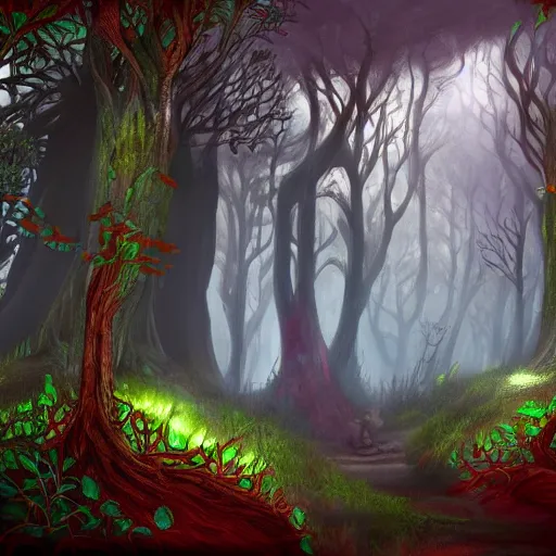 Prompt: fantasy forest, lush, epic fantasy, dark cyan accents, dark red accents