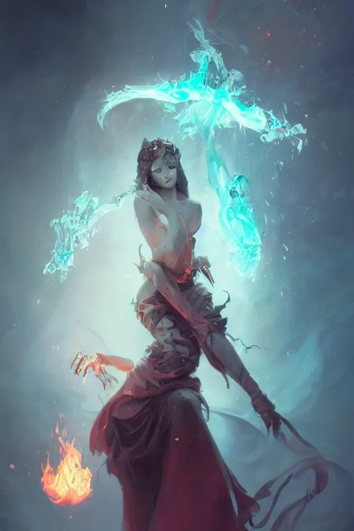 Image similar to beautiful girl necromancer casting spell, 3 d render, holding magic fire, hyper realistic detailed portrait, ruan jia, wlop, fantasy, hyper detailed, octane render, concept art, peter mohrbacher