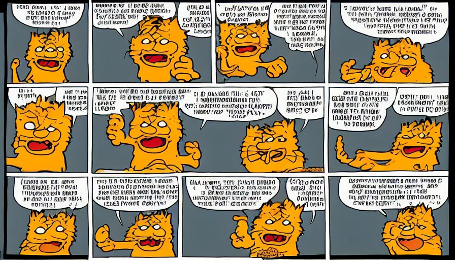 Image similar to 3 panel garfield comic by jim davis depicting charles manson slipping on a banana peel