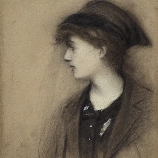 Image similar to a young woman detective by alfred stevens, charcoal