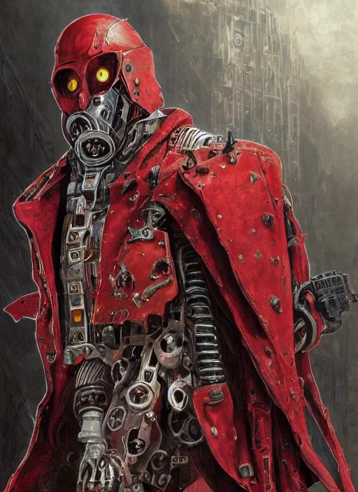 Image similar to portrait of rotten Nicolas Cage as adeptus mechanicus in red hood and robe from Warhammer 40000. Highly detailed, artstation, illustration by and John Blanche and zdislav beksinski and wayne barlowe