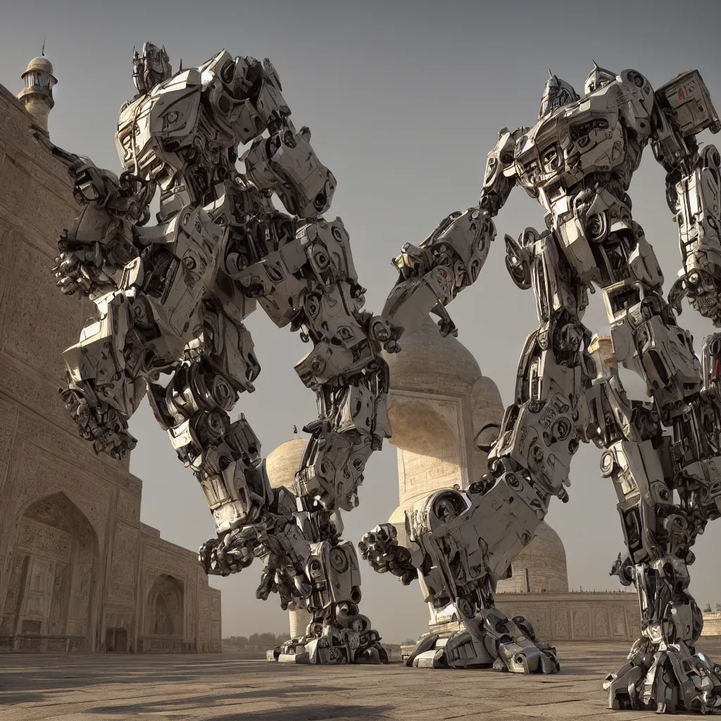 Image similar to transformers robot standing near taj mahal, octane render, volumetric lighting, art by furio tedeschi, hyper detailed