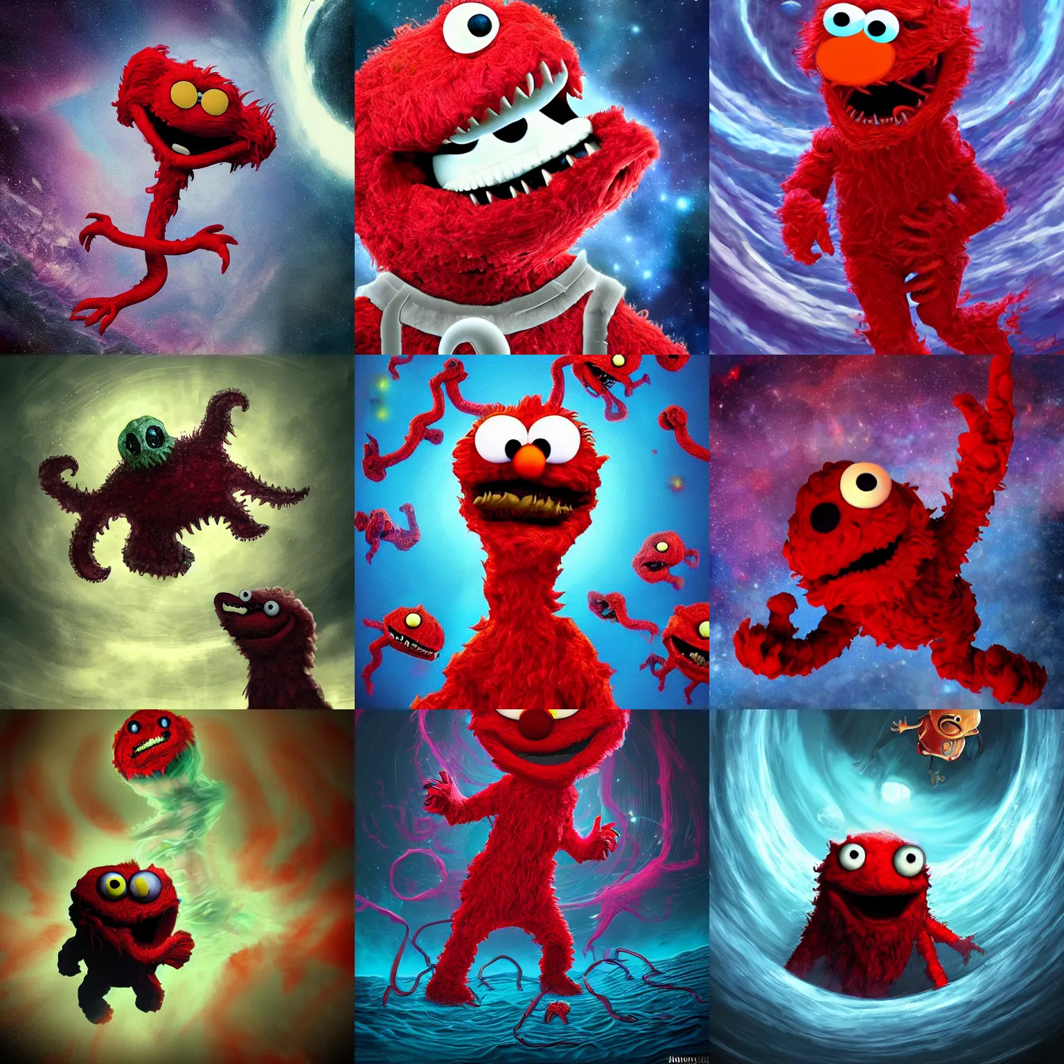 Prompt: Elmo as horrifying eldritch abomination devouring humans, floating in space, photorealistic digital art, trending on artstation