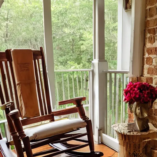 Image similar to a bible book set on top a rocking chair on a rural southern porch