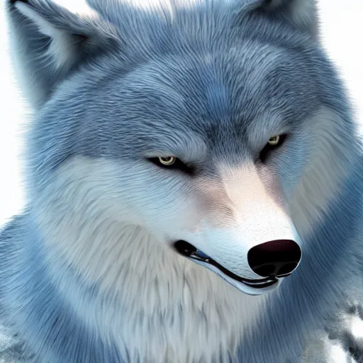 Image similar to 3 d render, well toned, large and tall, female anthropomorphic wolf with a short muzzle, blue scales and fur with white spots and wings on her back, icey blue dress, furr covering her chest.