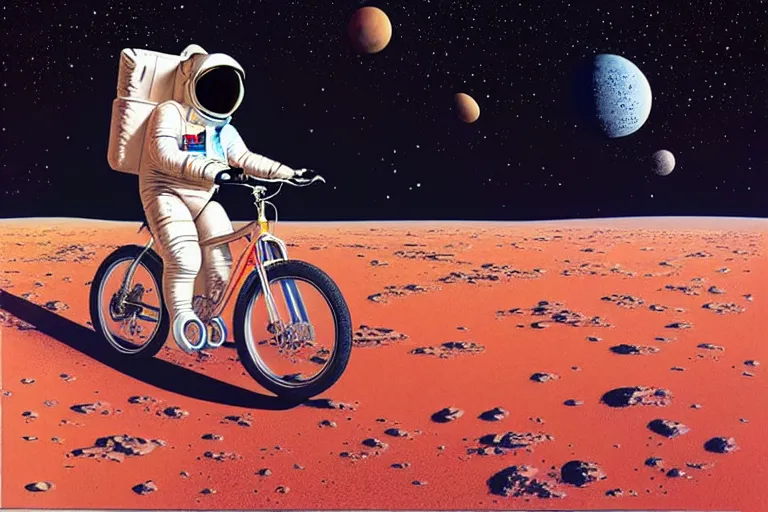 Prompt: centre portrait of an astronaut riding a bicycle on the mars!! symmetry, retro 8 0 s style, colourful, realistic illustration, art by peter elson,