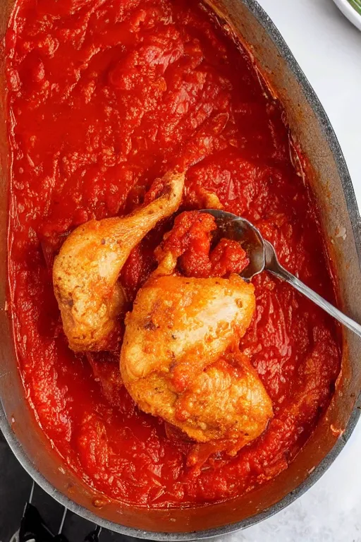 Prompt: a chicken dipping itself on a hot marinara sauce