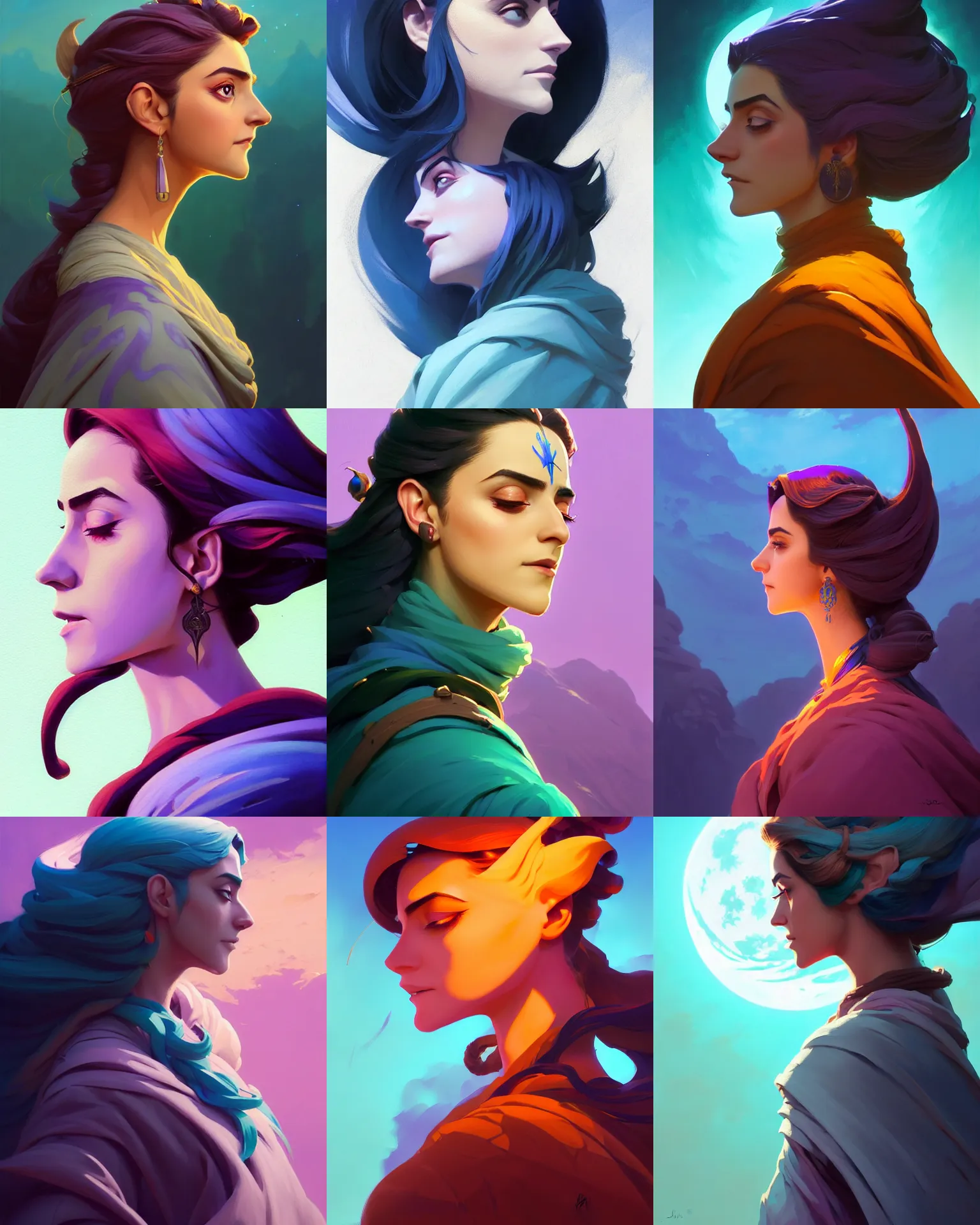 Prompt: side profile centered painted portrait, Maya Ali as a Arcane wind mage, D&D, matte painting concept art, beautifully backlit, official fanart, 4k, HDR, Trending on artstation, Behance, Art Nouveau, chromatic colours, by Jesper Ejsing and RHADS and Makoto Shinkai and Lois van baarle and ilya kuvshinov and rossdraws and Cushart Krentz and Gilleard James