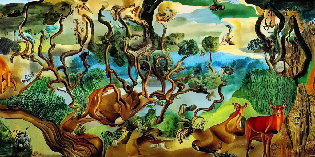 Prompt: Painting of a forest with rivers and animals in the style of Salvador Dali, highly detailed