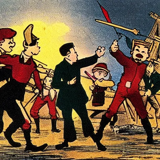 Image similar to Tintin and other revolutionaries on the barricades of Paris in 1848, The Adventures of Tintin, by Hergé, 8k